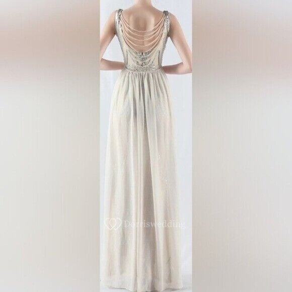 Silver, Double V, Beaded Back, Detachable Draped Skirt, Sequined Mermaid Gown - Picture 10 of 16